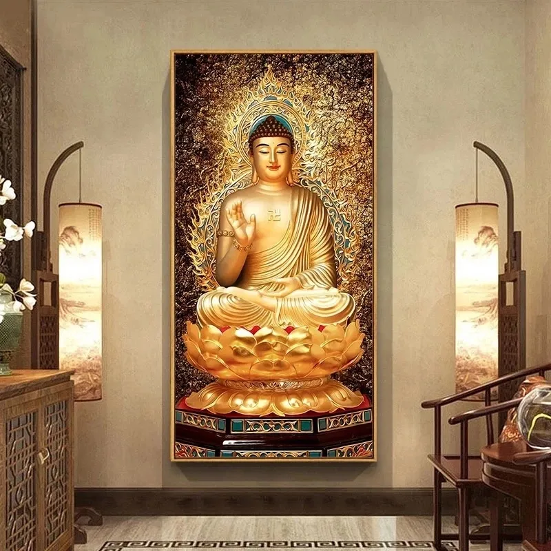 ゴールデンブッダキャンバスアート宗教絵画モダンなポスターとプリントホームリビングルームの装飾クアドロスの壁アート写真