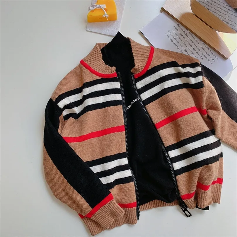 Children's cardigan autumn / winter boys and girls striped knitted cardigan baby round neck wool zipper sweater LJ201130