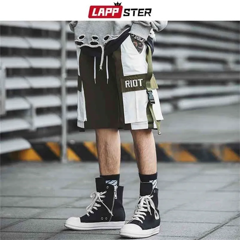 LAPPSTER Männer Streetwear Khaki Sweatshorts Sommer Männer Shorts Farbe Block Gürtel Koreanische Mode Jogger Shorts 2XL Cargo Shorts 210323