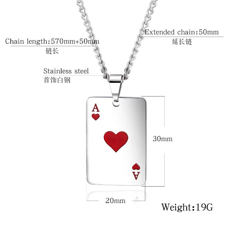 Gold Plated Playing Cards Pendant Necklace Stainless Steel Poker Jewelry  For Men