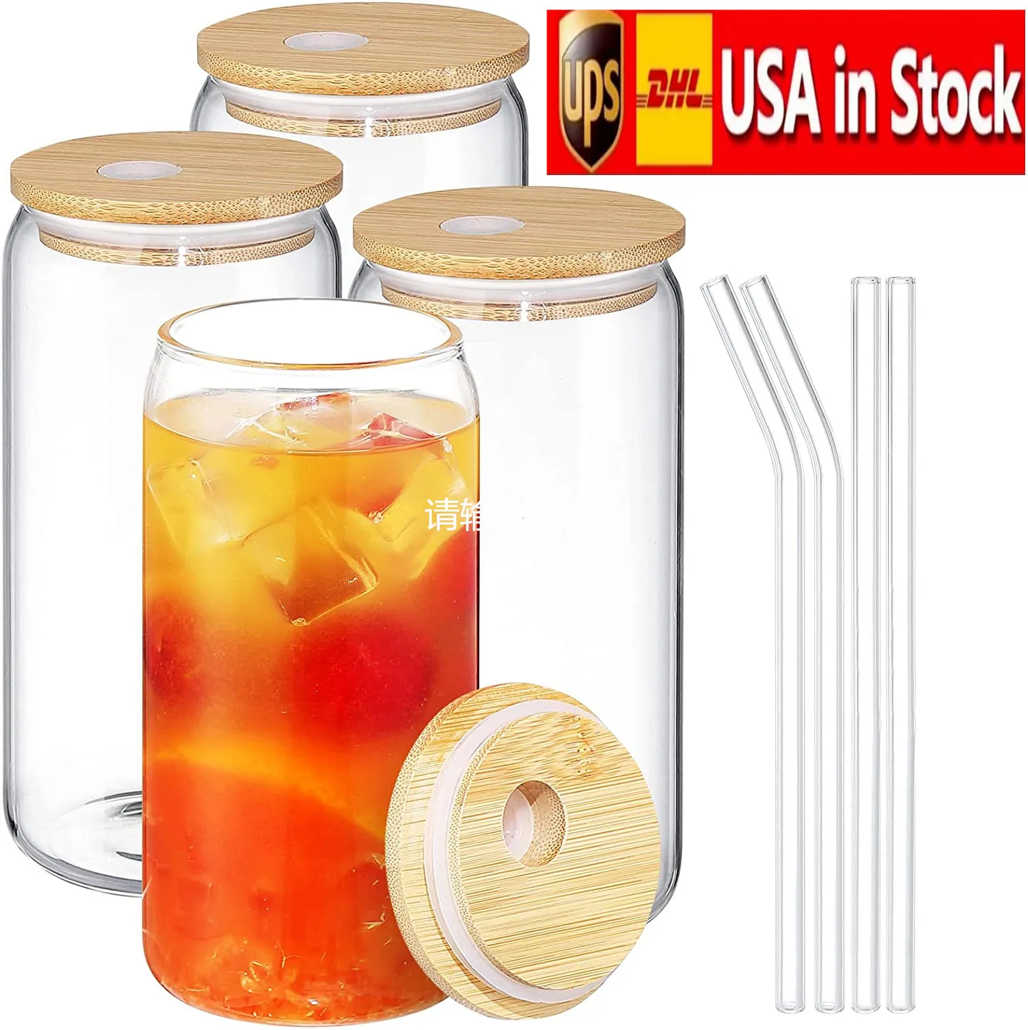 US STOCK Becher Trinkgläser Bierdose Glasbecher 12 Unzen 16 Unzen Dosenförmiger Becher mit Bambusdeckeln und Strohhalmen Becher groß