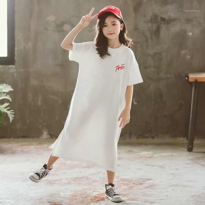 Yourseason 2022 Lato Dziewczyny Długie Bluzyki Koreański Proste Nastolatki Kids List Drukowanie Sukienka Luźne Dziecko Przypadkowe Białe Odzież