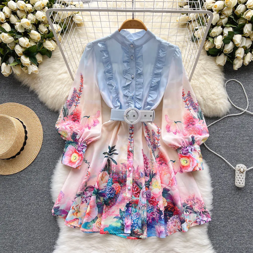 Vår sommarbanan designer blomma linne klänning kvinnor rufsar lykta ärm en enda bröstkort vestidos 2023