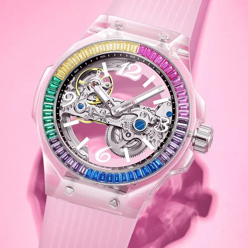 Нарученные часы Hanboro подлинный бренд автоматические женщины смотрят скелет турбийон механические женские смотриные часы роскошные мод