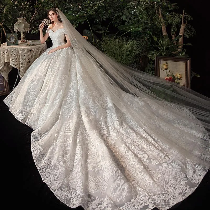Andere Brautkleider Kleid 2022 Vestido De Noiva Elegantes U-Boot-Ausschnitt-Kleid mit Zug Prinzessin Luxus Spitze Robe Mariee