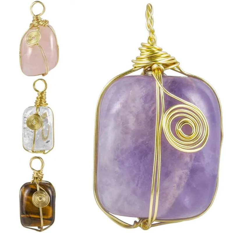 Colliers pendants Naturel Stone irrégulière Stone guérison Crystal pour collier Filé à la main Symbole Reiki enveloppé unisexon