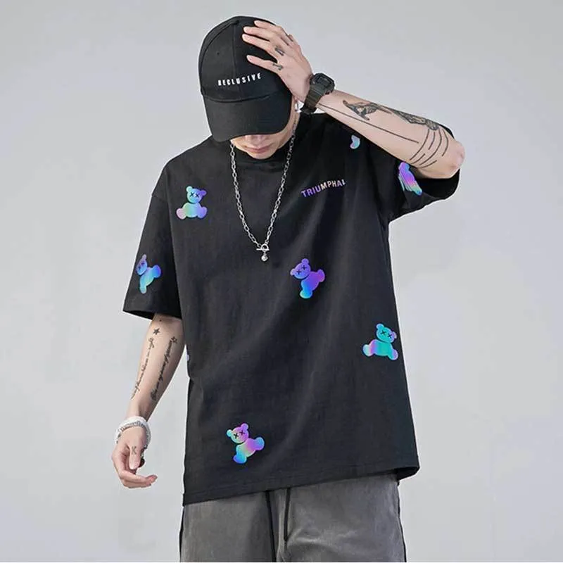 Reflekterande överdimensionerade t -skjortor The Body Print Bear Rainbow T Shirts Half Sleeve Cotton Men Topps Tees Streetwear Hip Hop Clothing 220608