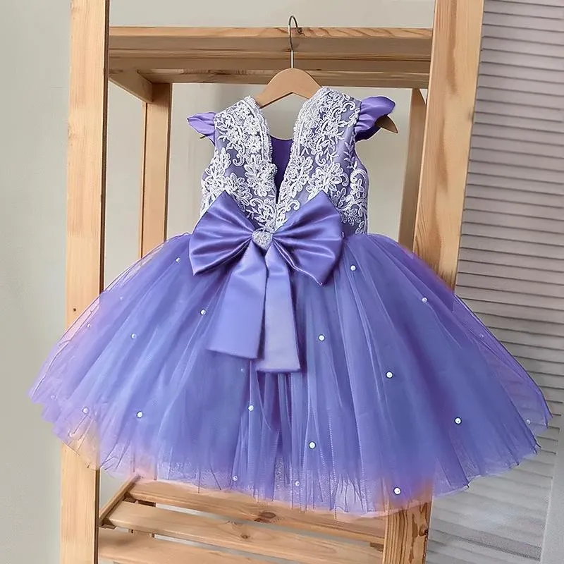 Abiti da ragazza Fiore senza schienale Eleganti ragazze per bambini Festa di nozze Fiocco in pizzo Bambino 1 ° compleanno Costume da principessa Vestito da tutu per bambini