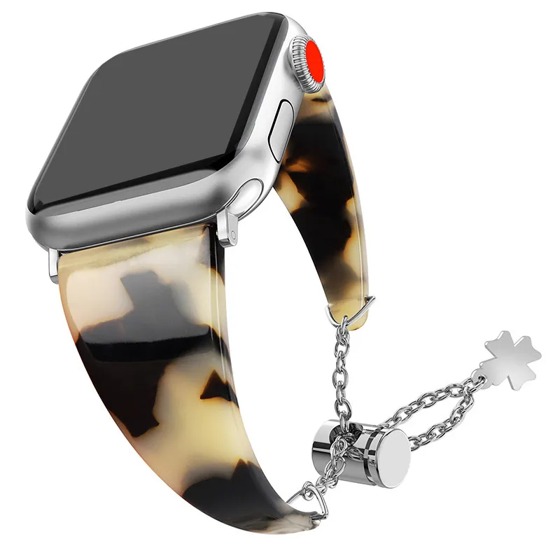 Harz-Armband für Apple Watch Serie 7 Se 6 5 4 Damen Schildpatt-Armband iwatch Band 41 mm 45 mm 44 mm 42 mm 40 mm 38 mm Armband mit Anhängerkette Zubehör