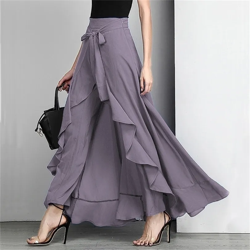 Mulheres Palazzo calça causal bufle ruffiz de tração de cordão elegante na cintura alta irregular pura cor outono salia de calça feminina 220812
