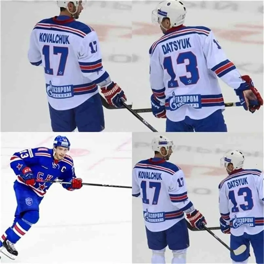 Maillot MThr # 13 Pavel Datsyuk KHL, CKA Saint-Pétersbourg 17 Ilya Kovalchuk KHL Maillots de hockey sur glace brodés 100% cousus pour hommes, blanc et bleu