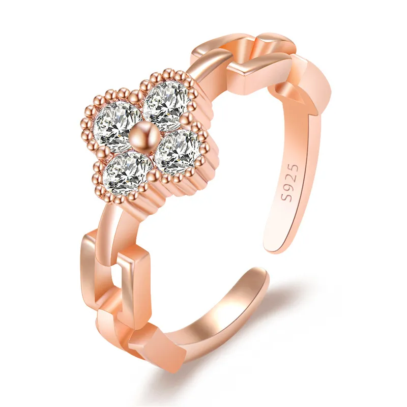 Koreaanse zoete mode klaver designer band ringen voor vrouwen cz zirkoon schijnt kristal open zilver rose goud bling diamanten liefde ring 2280