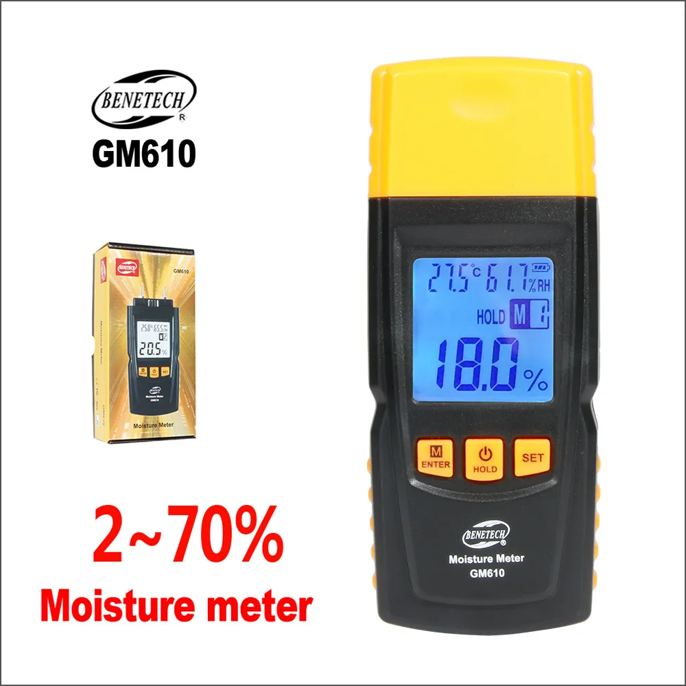 Digital LCD -skärm induktivt träfuktmätare Fuktighet Mätenhet Tester Hygrometer GM610 Tools Hygrometer