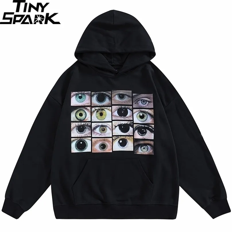 Men Hip Hop Streetwear Hoodie Sweatshirt Eyes Print Harajuku Pullover Autumn Cotton Casual Hooded Black Sweat Shirt 220406