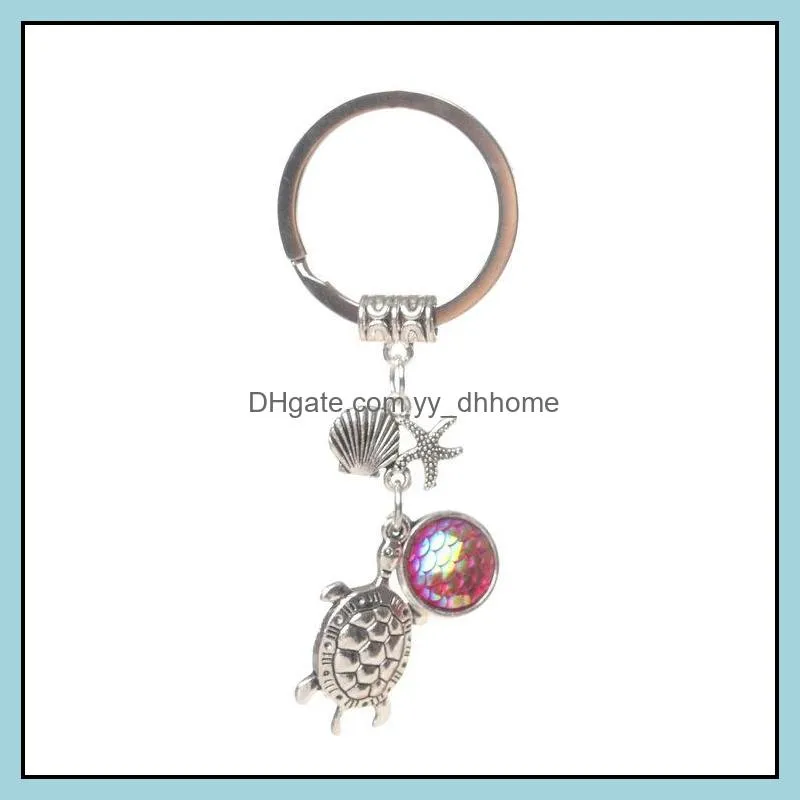 Fashion Drusy Druzy keychain Mermaid Key Rings Tortoise Starfish Fish Scale Charms Keychain Jewelry For women