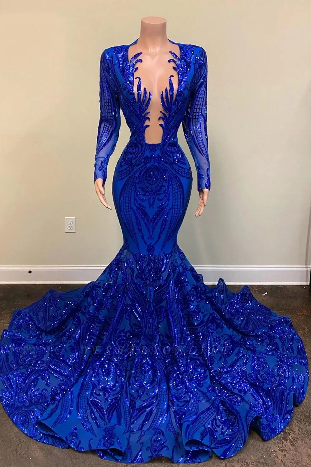 Stunning Blue Sequined Lace Mermaid Prom Dresses Vintage Long Sleeve Sexy Plunging V Neck Formal Occasion Evening Gowns Junior Graduation Wears BC12646