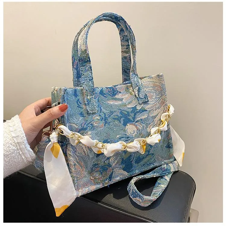 Evening Bags Small Canvas Bag Women's Portable Design Fashion Texture Oil Painting Chain Square Messenger MinorityEvening