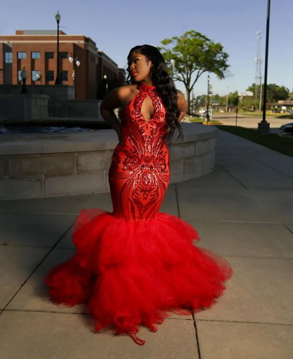 Red Sparkly Mermaid Evening Dress Long High Neck Ruffles Tulle Sequined Plus Size Custom Made 2024