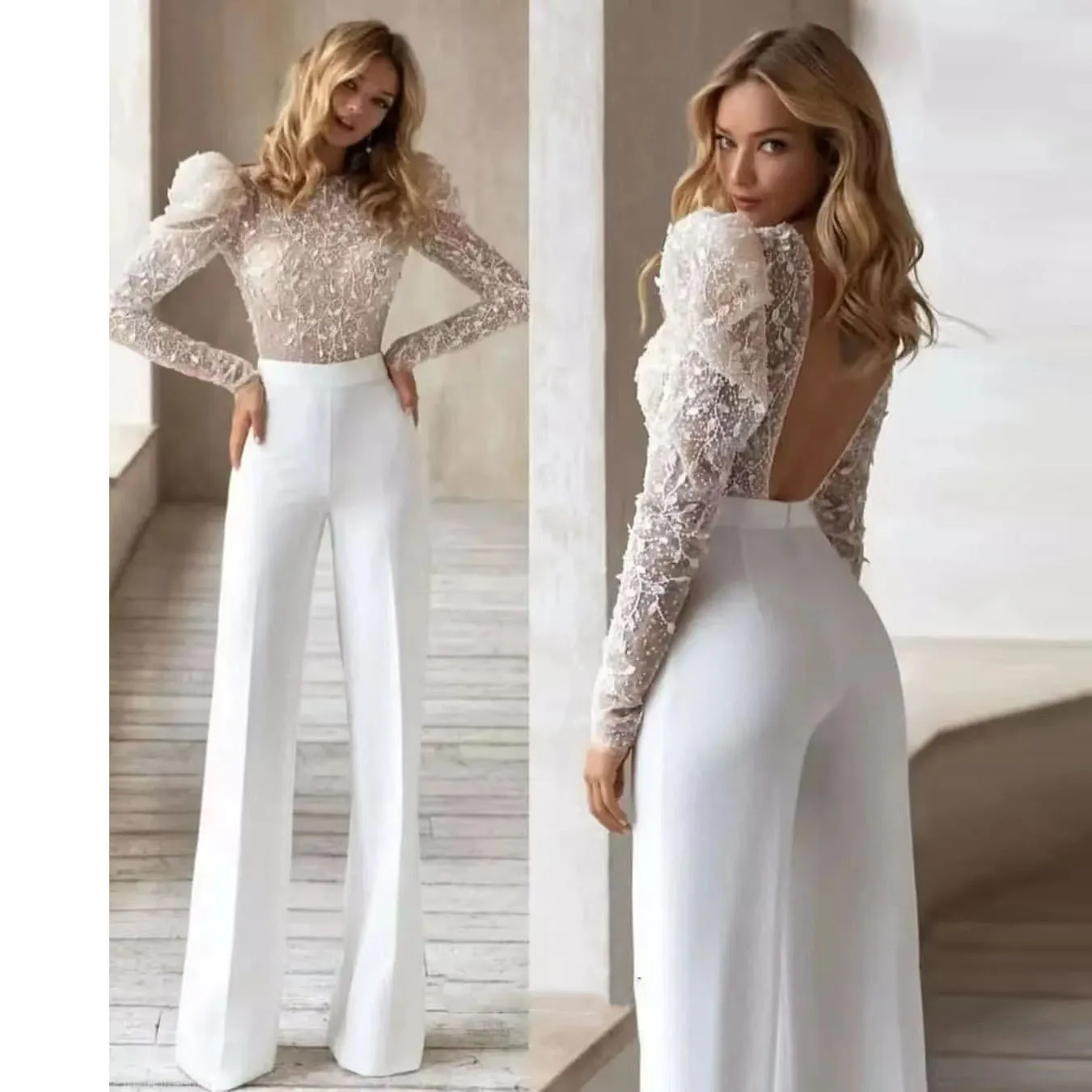 Robe De Mariée Blanche Combinaison Pour Femmes Pantalon Dos Nu Ensemble Pour Les Mariées Étincelle À Manches Longues Robes De Mariée Robe De Soirée Robe De Novia