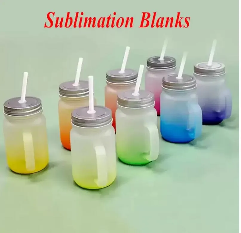 UPS 430 ml Sublimationsglas-Einmachglas mit Griff, Farbverlaufsglasbecher, Thermotransfer-Wasserflasche, bunte sublimierte Becher