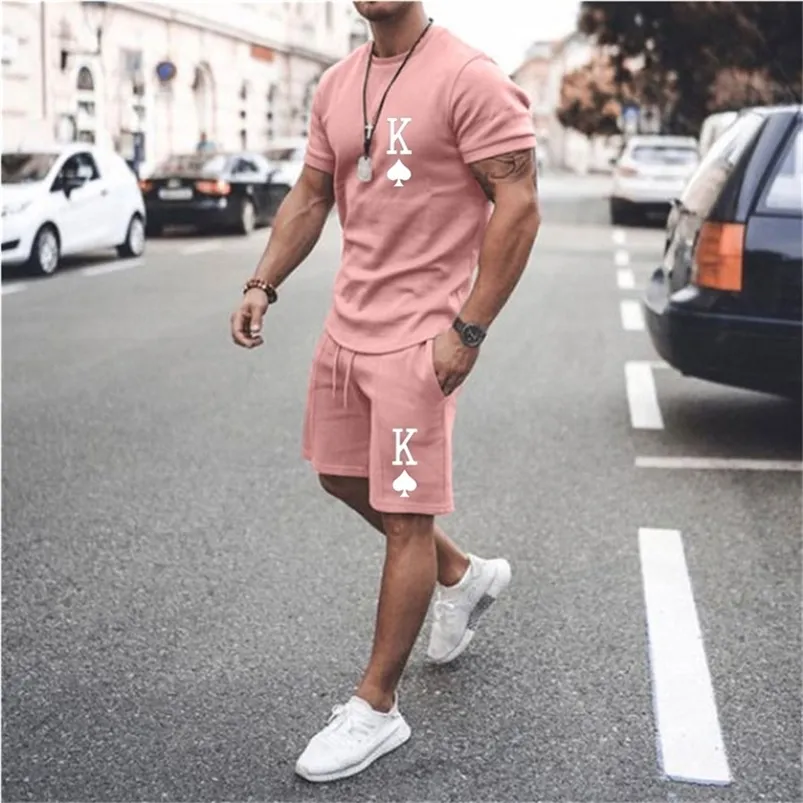 Summer Men's 2 Piece Sets Tracksuit Playing Card Pattern Letter K Fitness Sportwear Color Men Sets T-shirt and Shorts Men's 220726