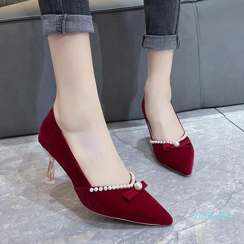 Dress Shoes Elegant Ladies Pearl Pointed Toe Pumps Sexy Red Velvet Thin Heels Wedding For Women Bride Slip On High