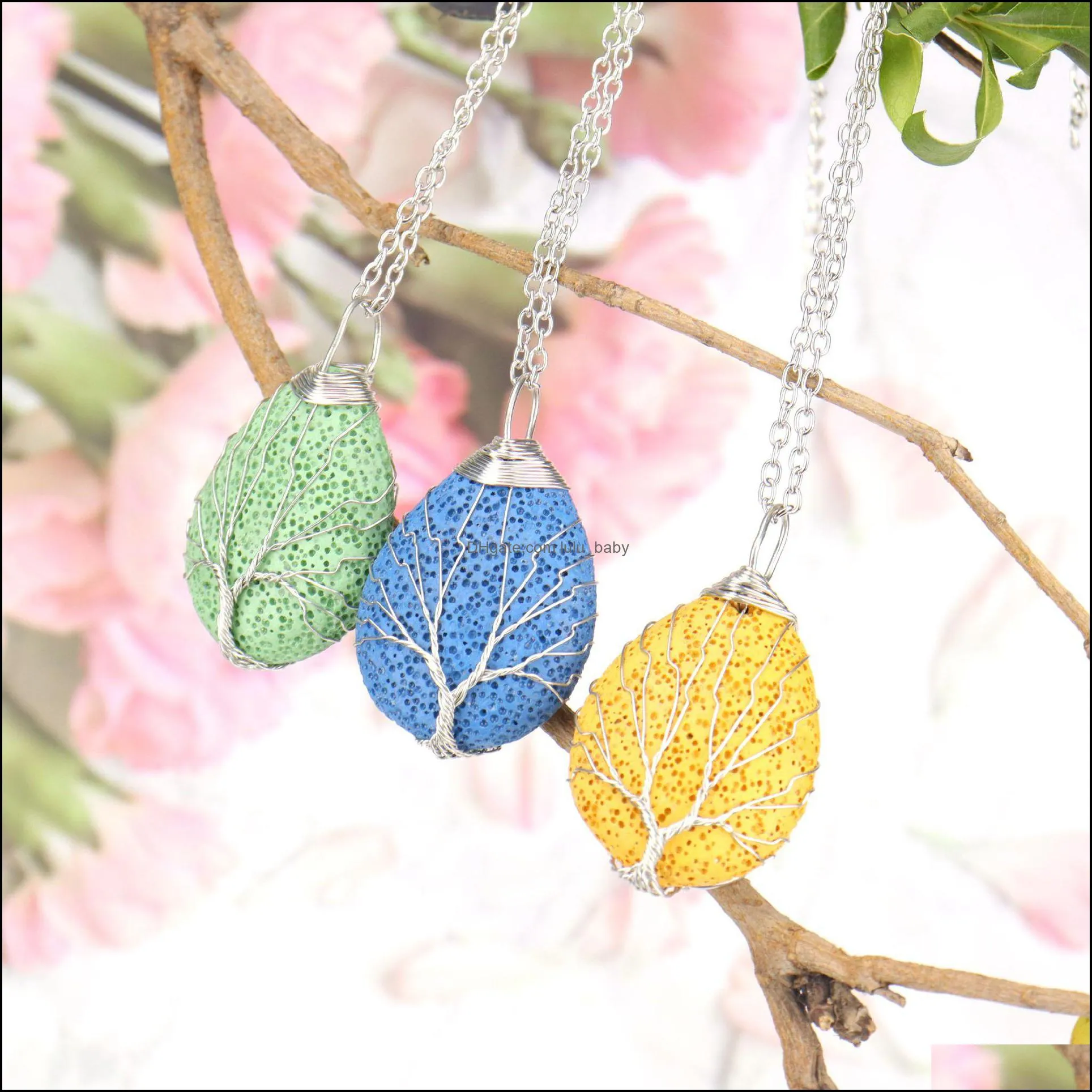 handmade twine tree of life colorful lava stone pendant necklace diy arom  oil diffuser necklaces for women men jewe lulubaby