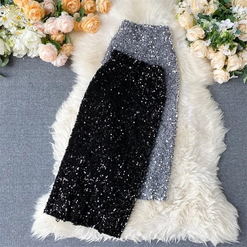 FTLZZ Women Sequins Pencil kjolar Koreanska Elegant Mid Length Bodycon Jupe Vår Sexig Femme Trend High Waist Slim Shinny Skirt 220317