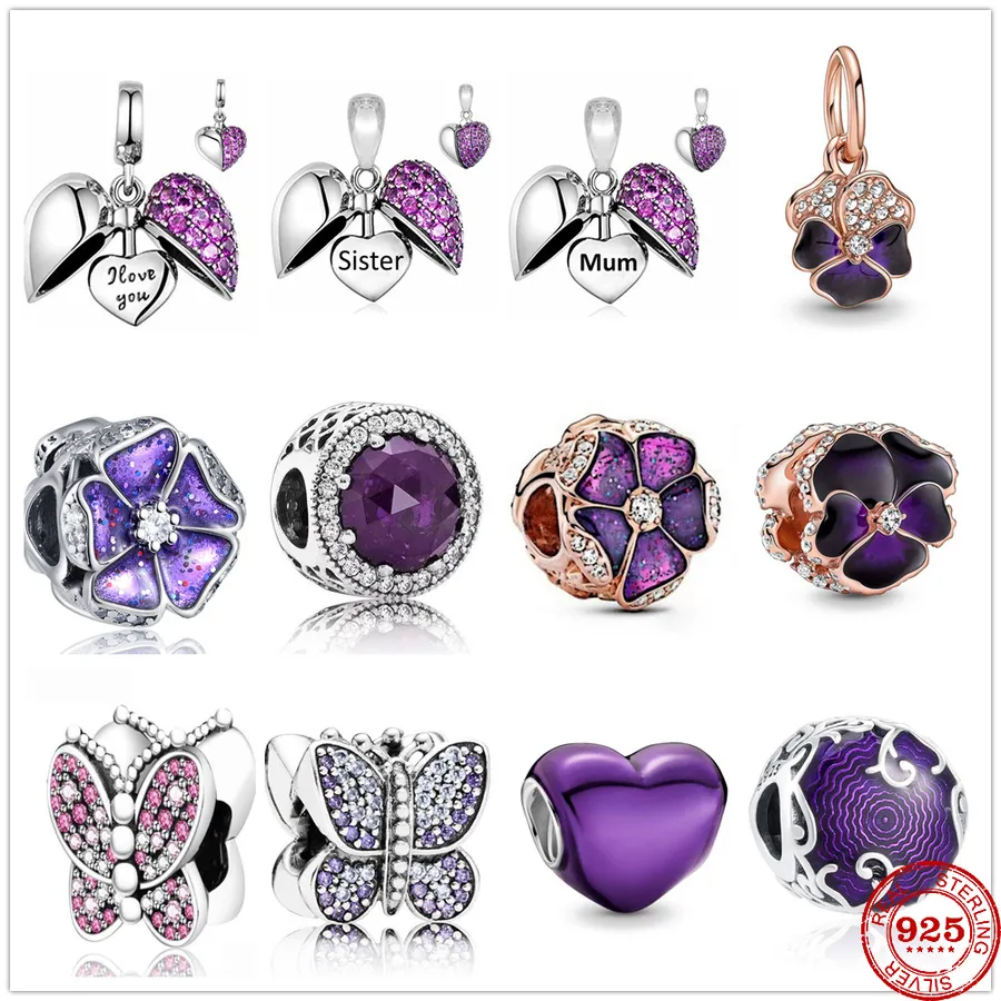 925 Sterling Silver Dangle Charm fioletowa siostra mama Nan dynda motyl miłość koralik Fit Pandora Charms bransoletka DIY biżuteria akcesoria