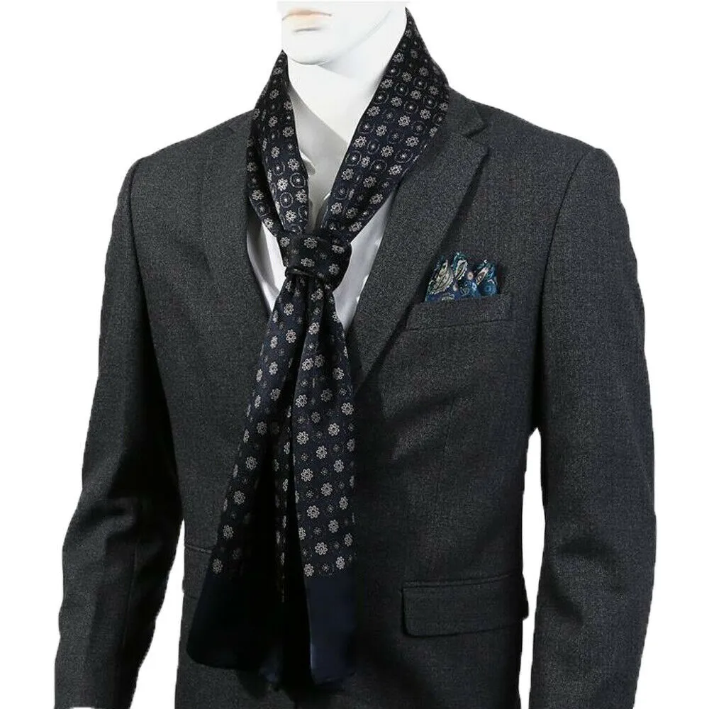 Mäns 100% Silk Scarf Lång Neckerchief Dubbelskikt Cravat Blå Tryckt mönster