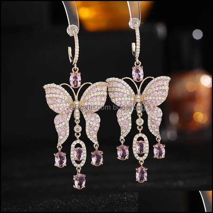 dangle & chandelier gorgeous super fairy butterfly shaped blue pink cubic zircon tassel drop earrings for women luxury jewelry