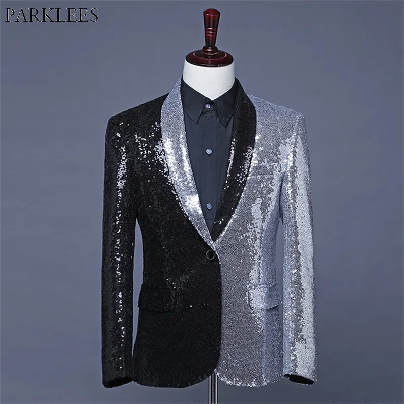 Hommes Argent Noir Contraste Brillant Paillettes Blazer Veste Élégant Col Châle 1 Bouton Discothèque Scène Bal Blazer Masculino 220815