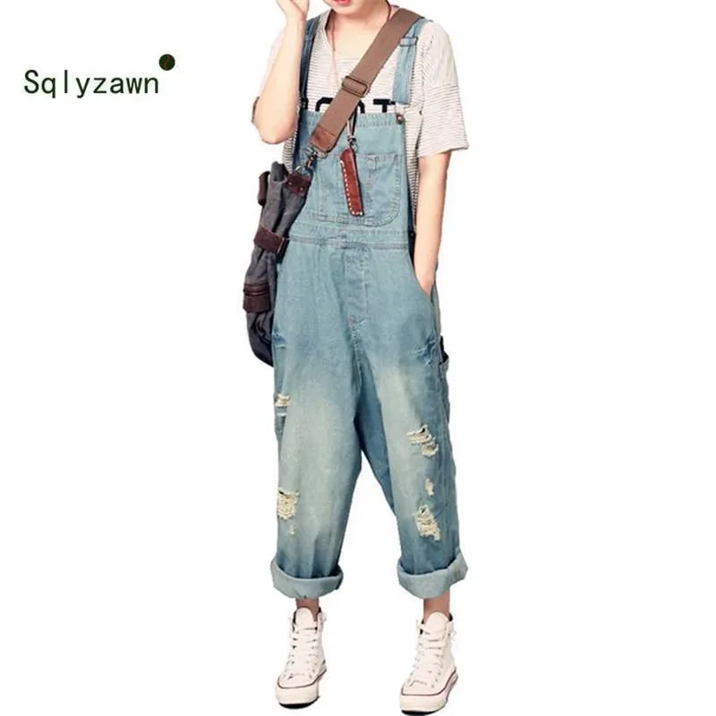 Frauen Casual Blue Loose Lätzchen Denim Overalls Dame Übergroße Loch Ripped Baggy Cowboy Strap Jeans Breites Bein Kreuz Hosen für Frau 210709