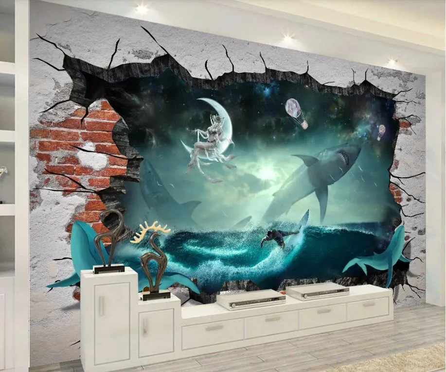 Carta da parati personalizzata 3D murale mare balena Squalo Stellato cielo murales sfondo sfondi Sfondi Soggiorno camera da letto camera da parete sfondo sfondo materiale nobile