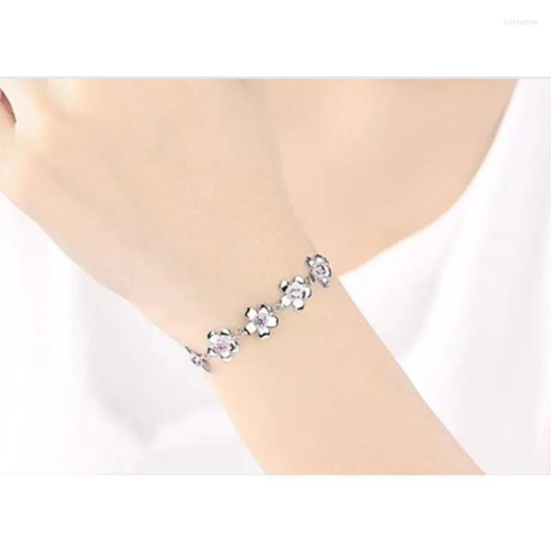 Charm Armbänder Mode 925 Silber Frauen Accessoires Dame Geschenk Niedliche Kristall Rosa Kirschblüten Für Mädchen Schmuck Kent22