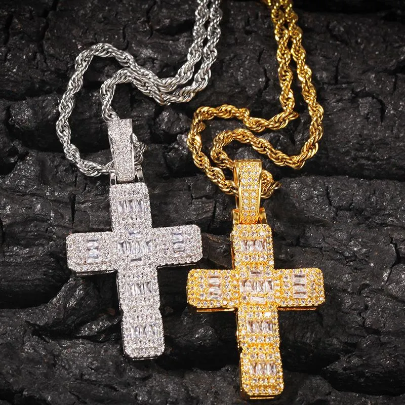 Pendant Necklaces Hip Hop Micro Paved Cubic Zirconia Bling Iced Out Square CZ Cross Pendants Necklace For Men Rapper Jewelry Gold ColorPenda
