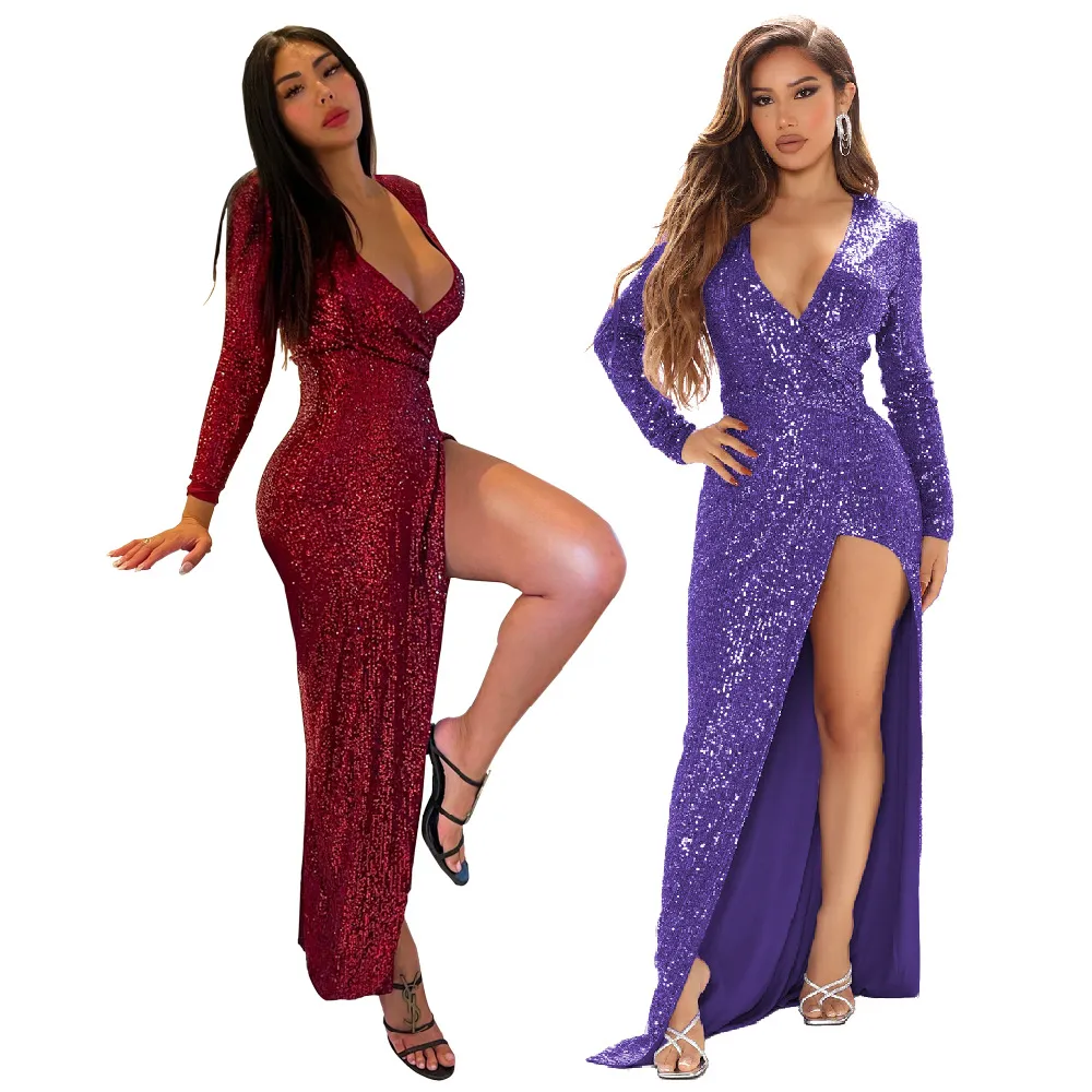 Dunkelviolette Prom Kleider Pailletten Abendkleid V Neck