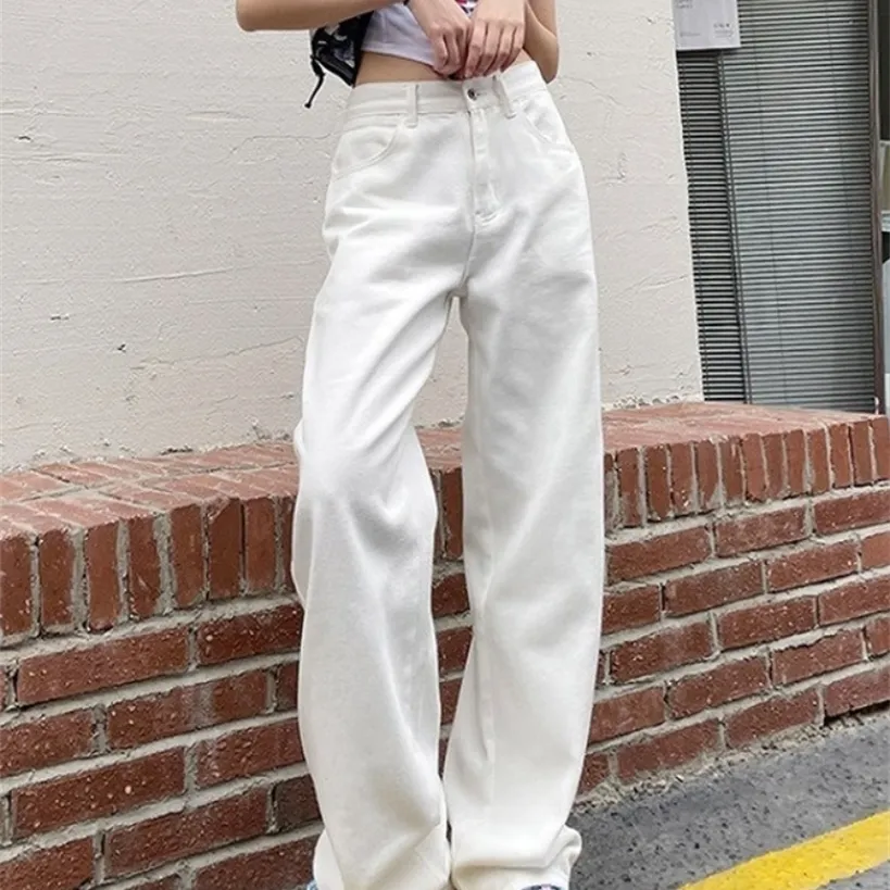 Femme Jeans Casual Taille Haute Jambe Large Denim Pantalon Long Pantalon Blanc Streetwear Vintage Mode Harajuku Droite 220330