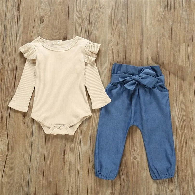 Automne bébé fille ensembles vêtements né solide barboteuse body denim pantalons tenues bébé fille vêtements ensemble coton décontracté LJ201221
