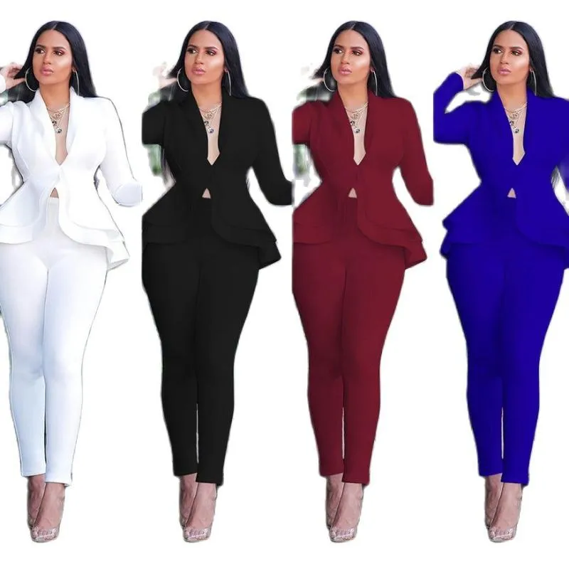 Kvinnors tvåbitar byxor Kvinnor Winter Women's Set Tracksuit Full Sleeve Ruffles Blazers Pencil Suit Office Lady Outfits UniformWomens