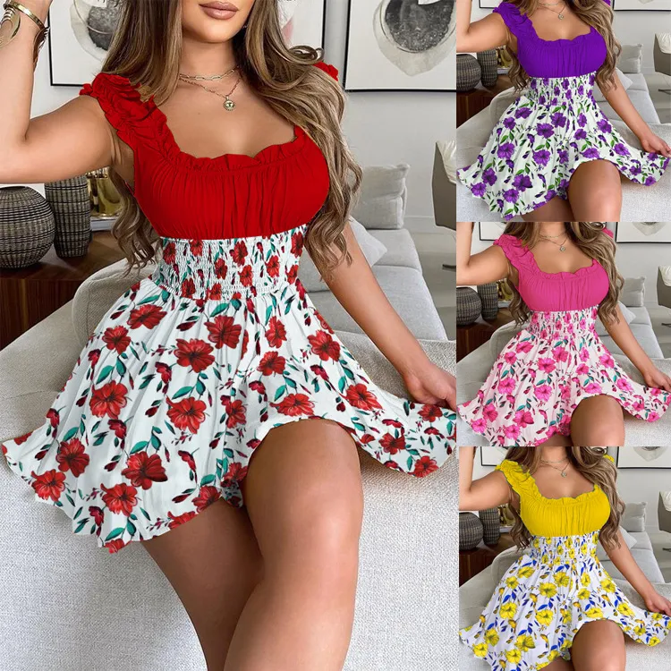 Vestidos de verão colar quadrado colar esbelado vestido imprimido temperamento sexy dama férias vestido