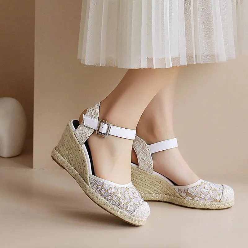 Sandaler Sandalias Mujer Promotion Ankel-Wrap Sapatos Mulher Wedges Heel Shoes Closed Toe Ladies Slingback White