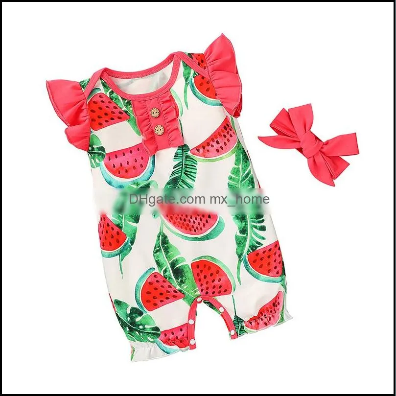 kids rompers girls ruffle sleeve romper infant strawberry watermelon lemon avocado pineapple grape print jumpsuits with headband summer baby clothes