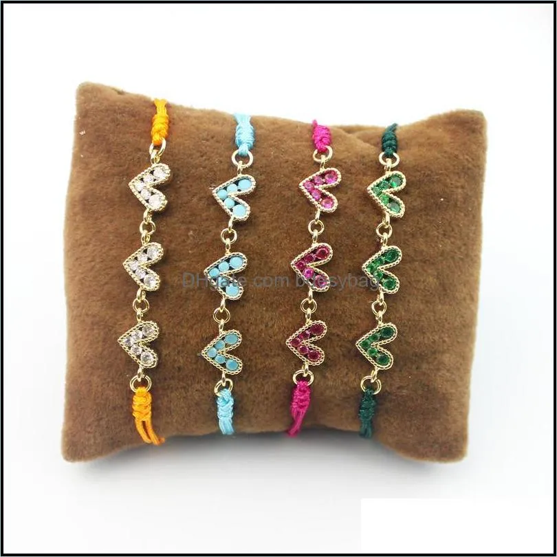 link chain 10pcs/lot fashion cz charm rope bracelet colorful heart shape cubic zircon handmade wholesalelink