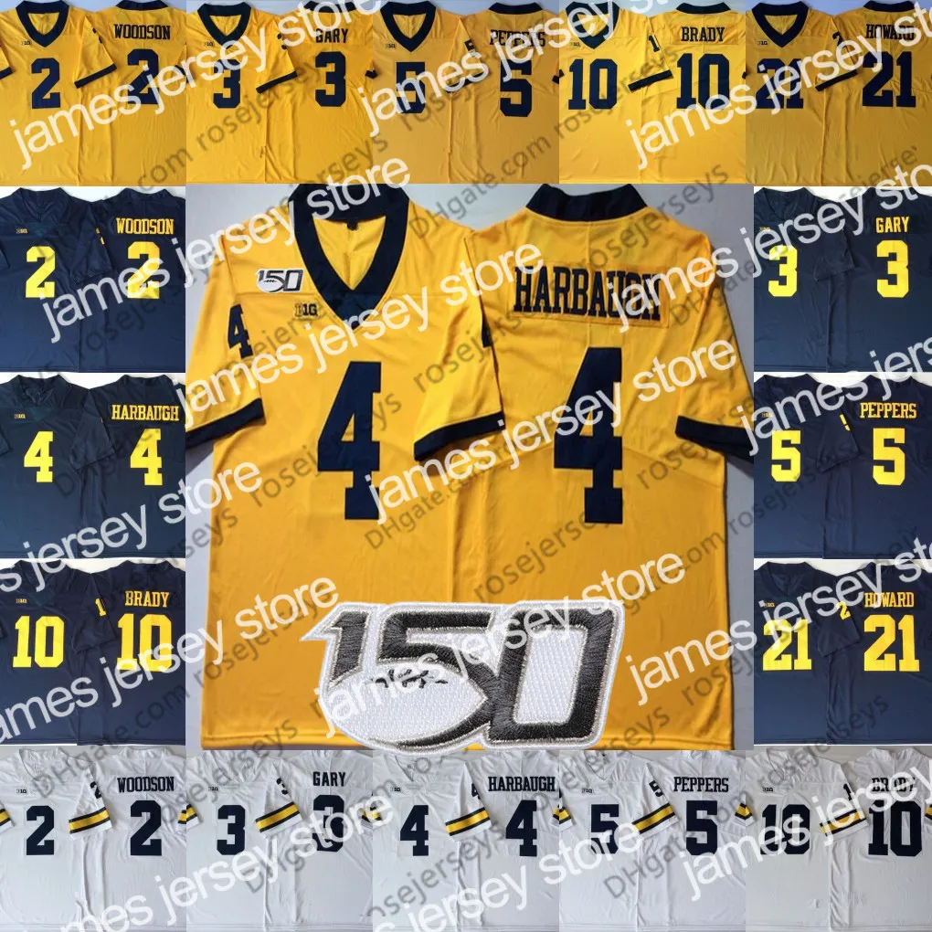 Maglia 2019 NCAA 150th Michigan Wolverines # 4 Jim Harbaugh 5 Jabrill Poivers 21 Desmond Howard 2 Carlo Kemp Jake Moody Blanc jaune maglie