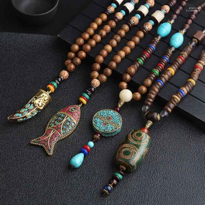 Hänge halsband handgjorda nepal halsband buddhistiska mala träpärlor etniska horn fisk långa uttalande smycken kvinnor män elle22