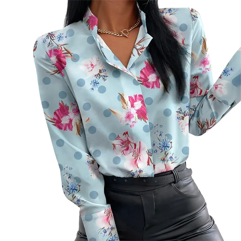 Sommer Floral Print Bluse Frauen Kleidung Stehkragen Langarm Büro Dame Shirts Tops Weibliche Casual Plus Größe Blusen 220513