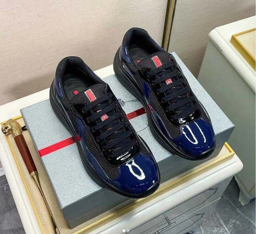 Desiger Americas Cup Sneakers basse da uomo Scarpe casual da passeggio Suola in gomma Sport da uomo in tessuto a rete in pelle verniciata Scarpe da ginnastica per coppie