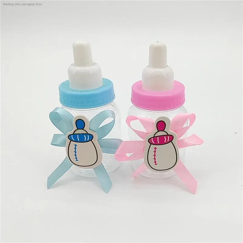 Confezione regalo Mini bottiglia di plastica trasparente per caramelle Scatola di caramelle Simpatico blu/rosa Matrimonio Compleanno Baby Shower Torta Ragazzo Ragazza Forniture per feste DecorGif