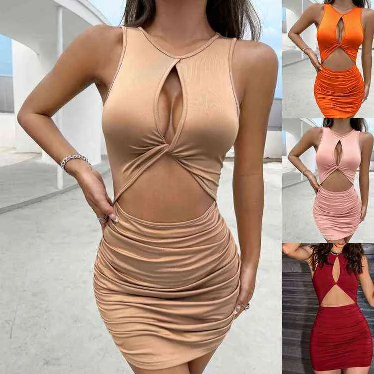 Moda seksowna solidna mini plisowana wycięta skóra obcisła sukienka bez rękawów eleganckie sukienki bodycon stroje na imprezę Y220526